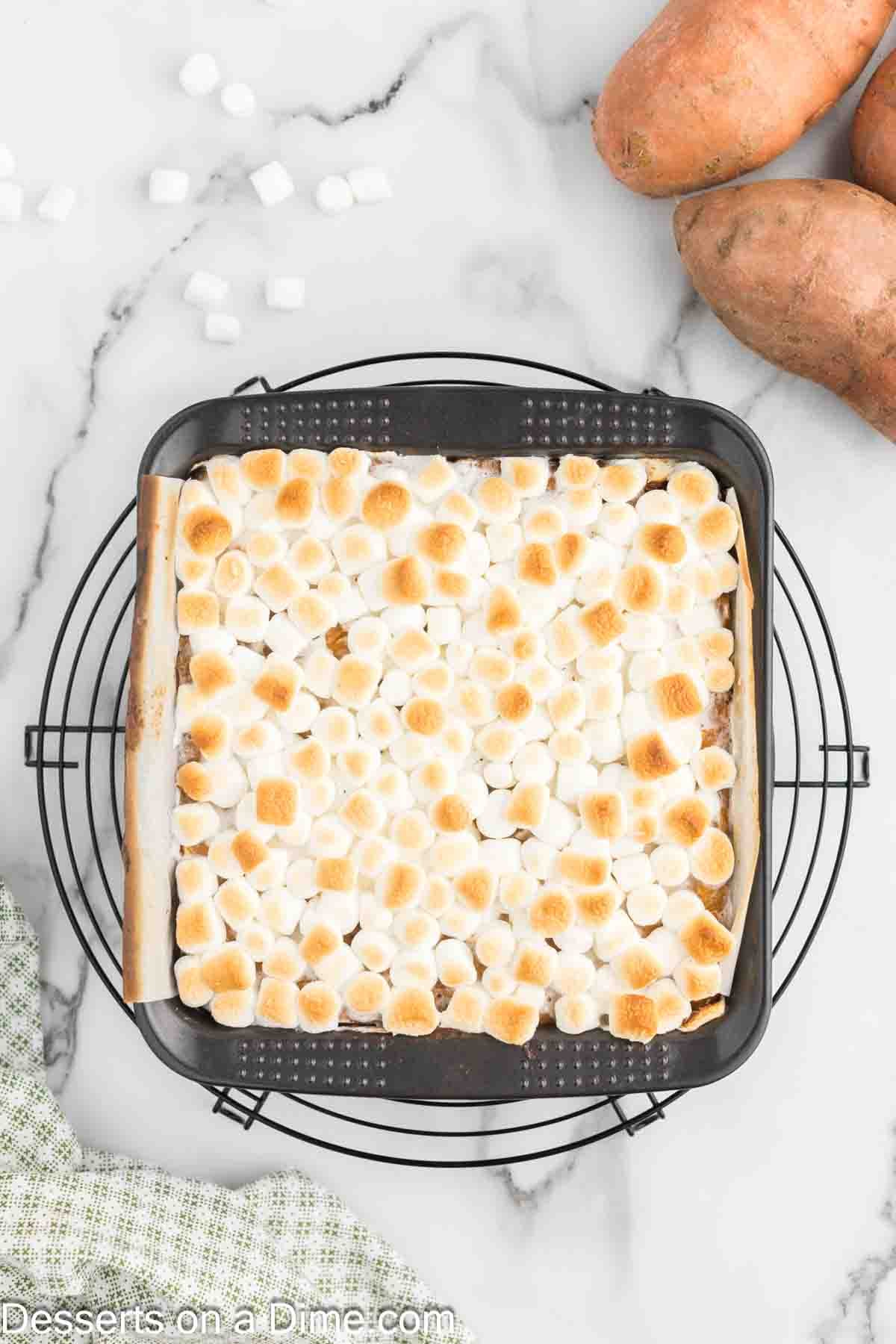 Mini marshmallows broiled on top of filling. 