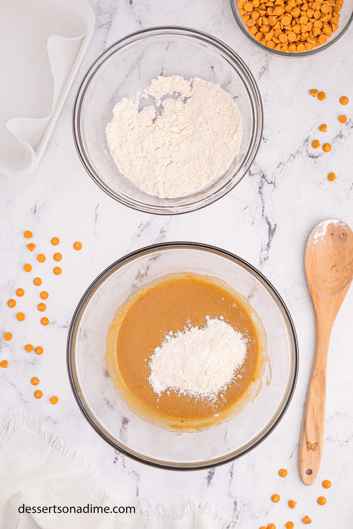 Butter mixture combined with dry ingredients. 