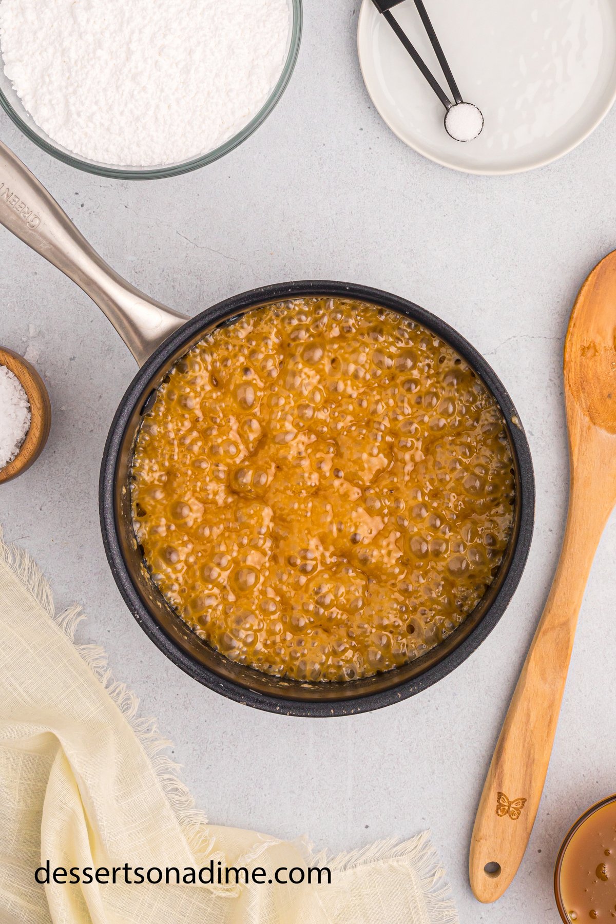 Mixture bubbling in pan.