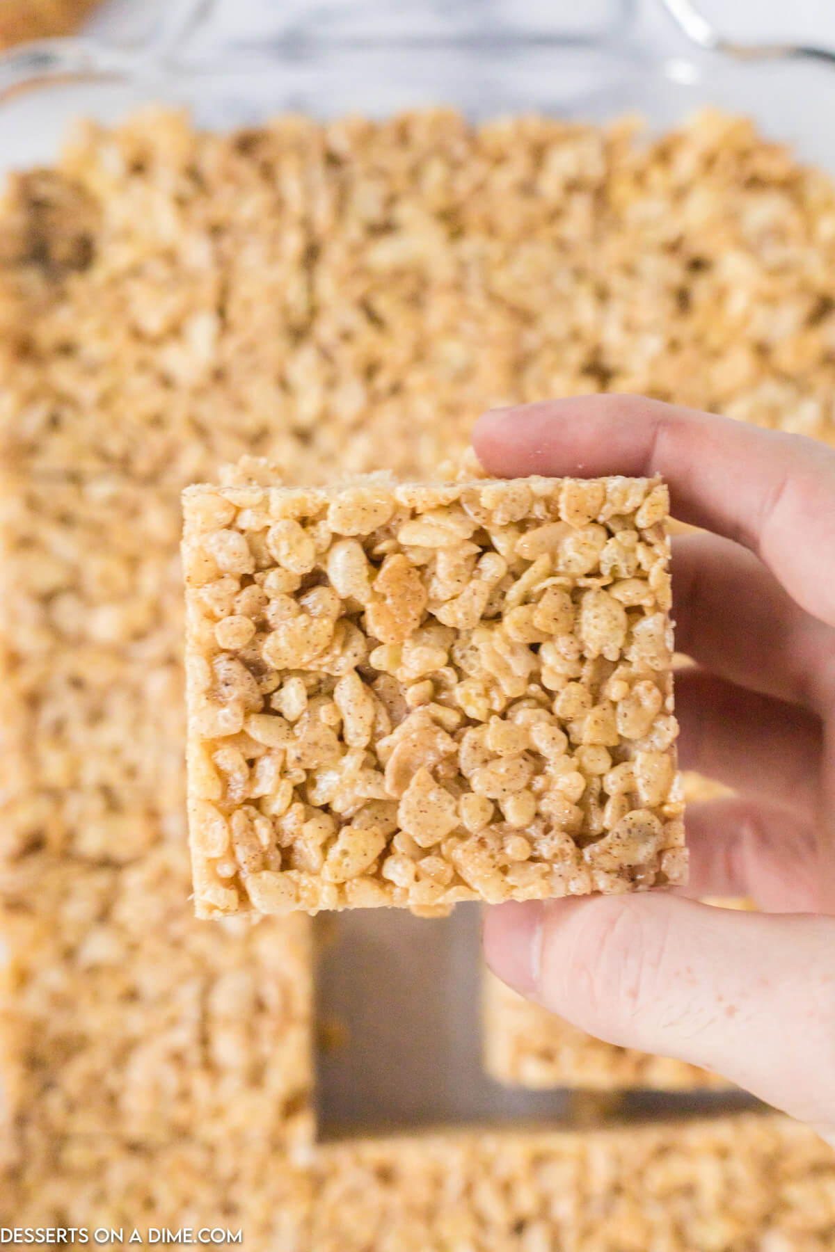 Snickerdoodle Rice Krispy Treats cut into squares. 