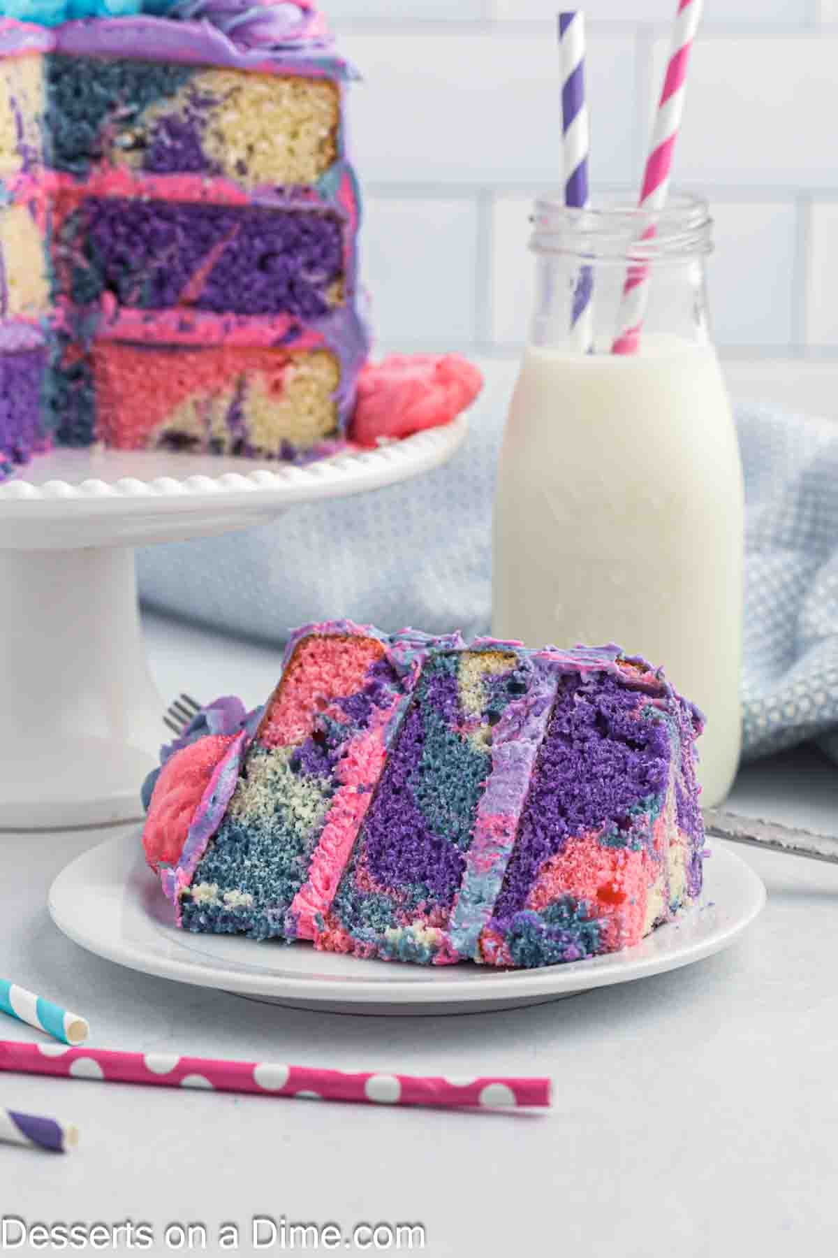 Slice cotton candy cake on a plate