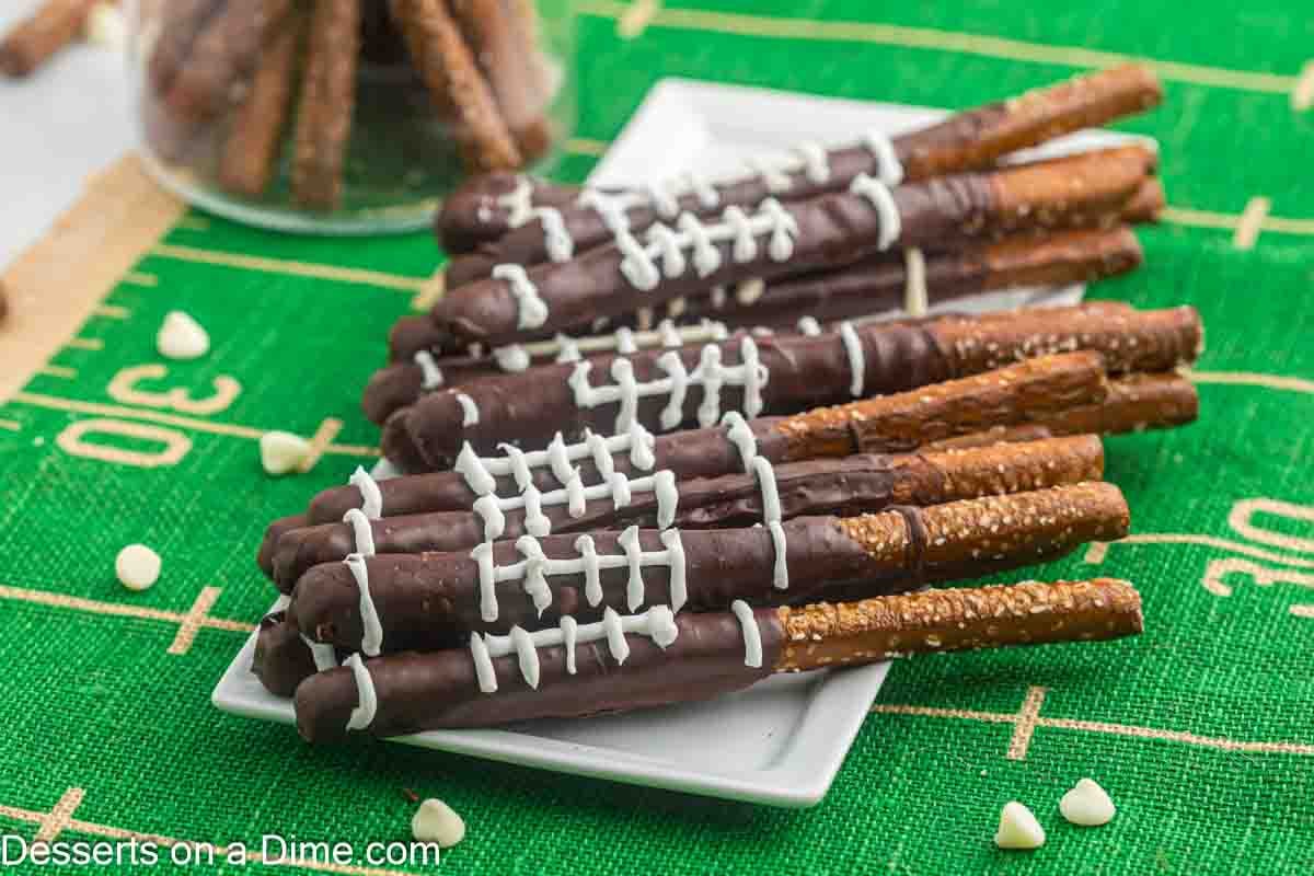 Platter with football pretzels arranged together.