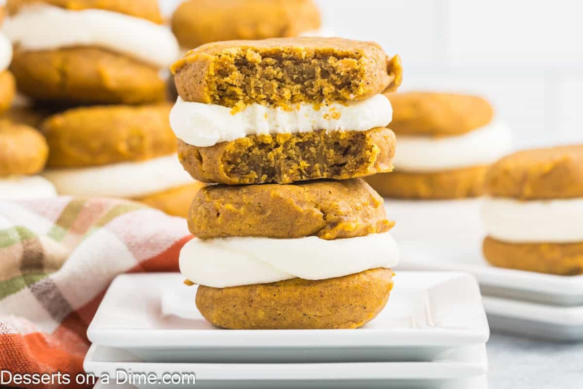 Pumpkin Whoopie Pies stacked together.
