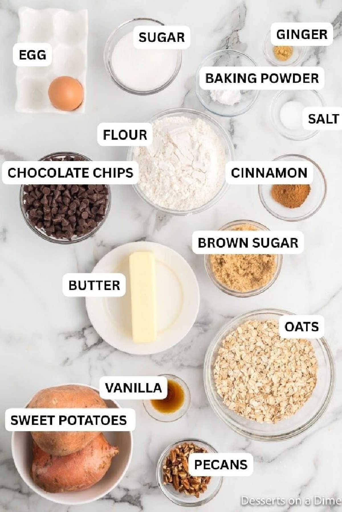 Ingredients needed for recipe: sweet potatoes, flour, oats, baking powder, butter, brown sugar, chocolate chips, pecans. 