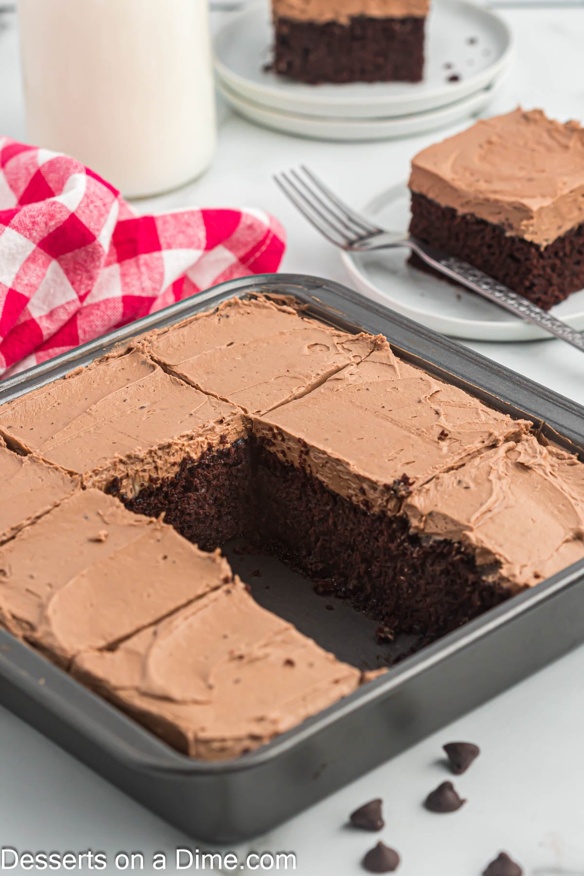 Cake cut into squares for serving. 