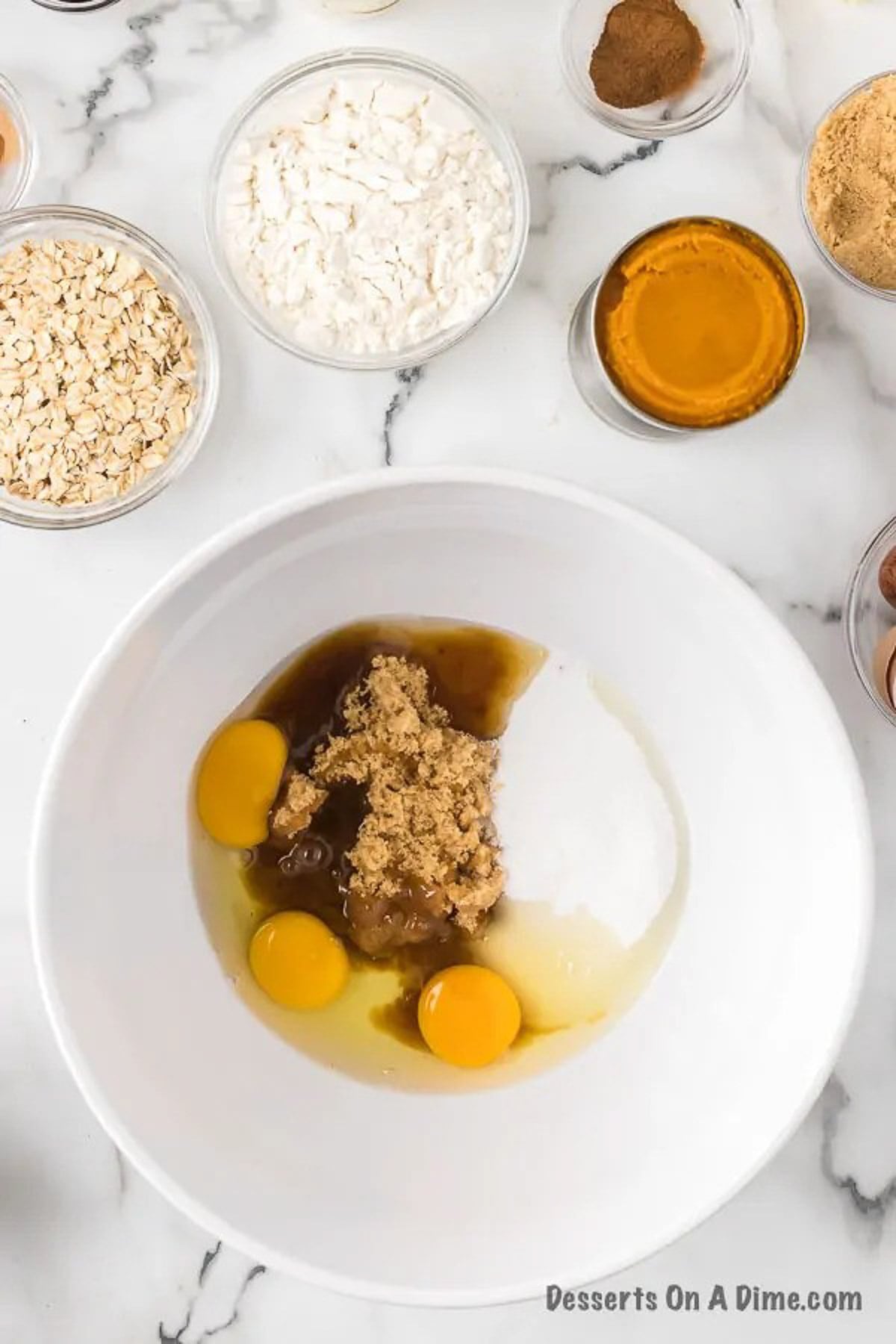Egg and sugar mixture in a mixing bowl. 