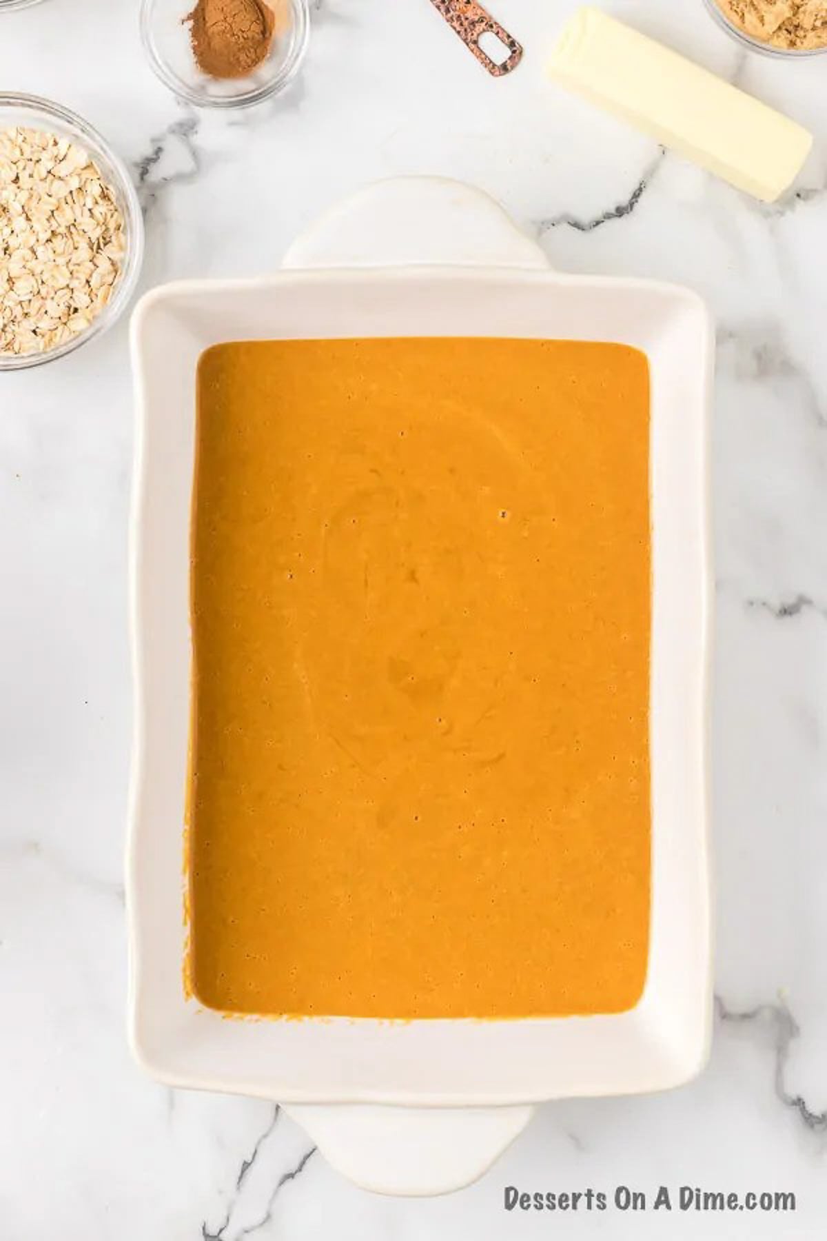 Pumpkin mixture spread into baking dish. 