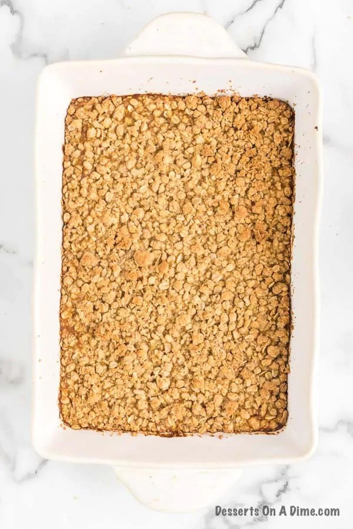 Pumpkin Crisp baked and cooling in dish. 