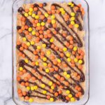 Baking dish with Reese's peanut butter brownies.