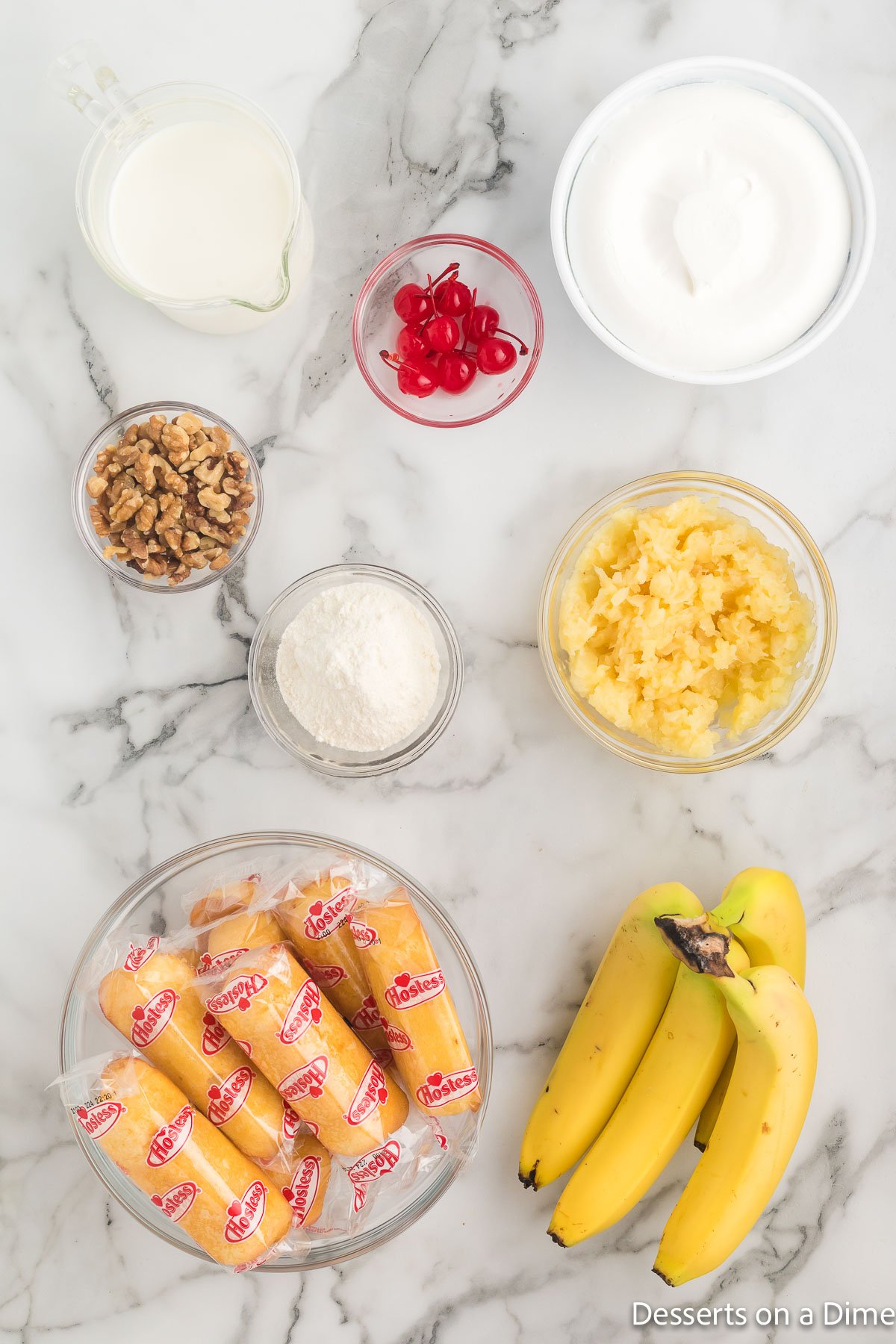 Ingredients for Twinkie Cake - cool whip, twinkies, cherries, pineapple, nuts, bananas.