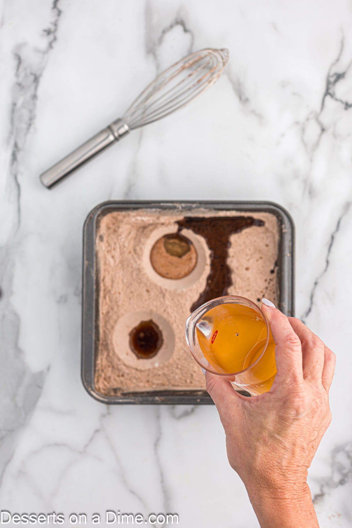 Baking dish with 3 holes in dry ingredients or wet ingredients. 