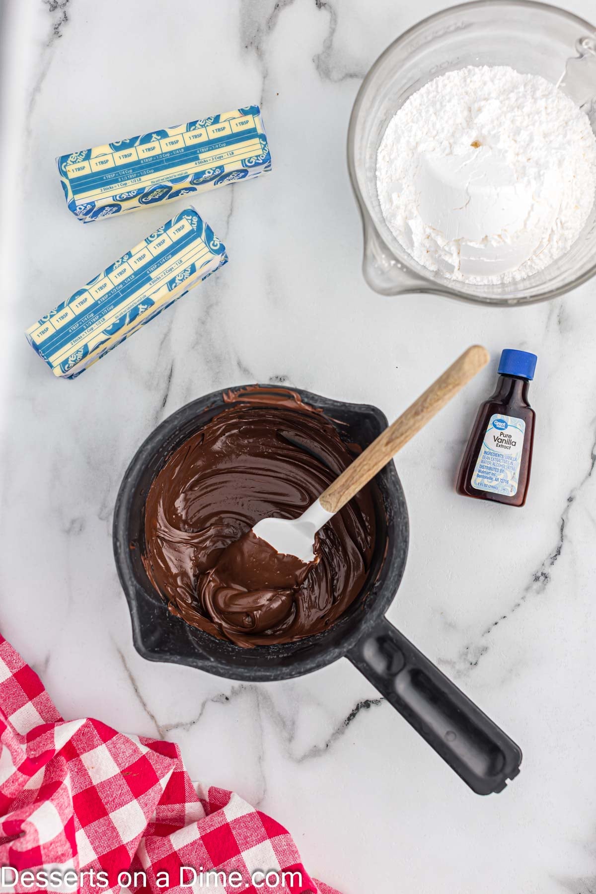 Chocolate melted in pan. 