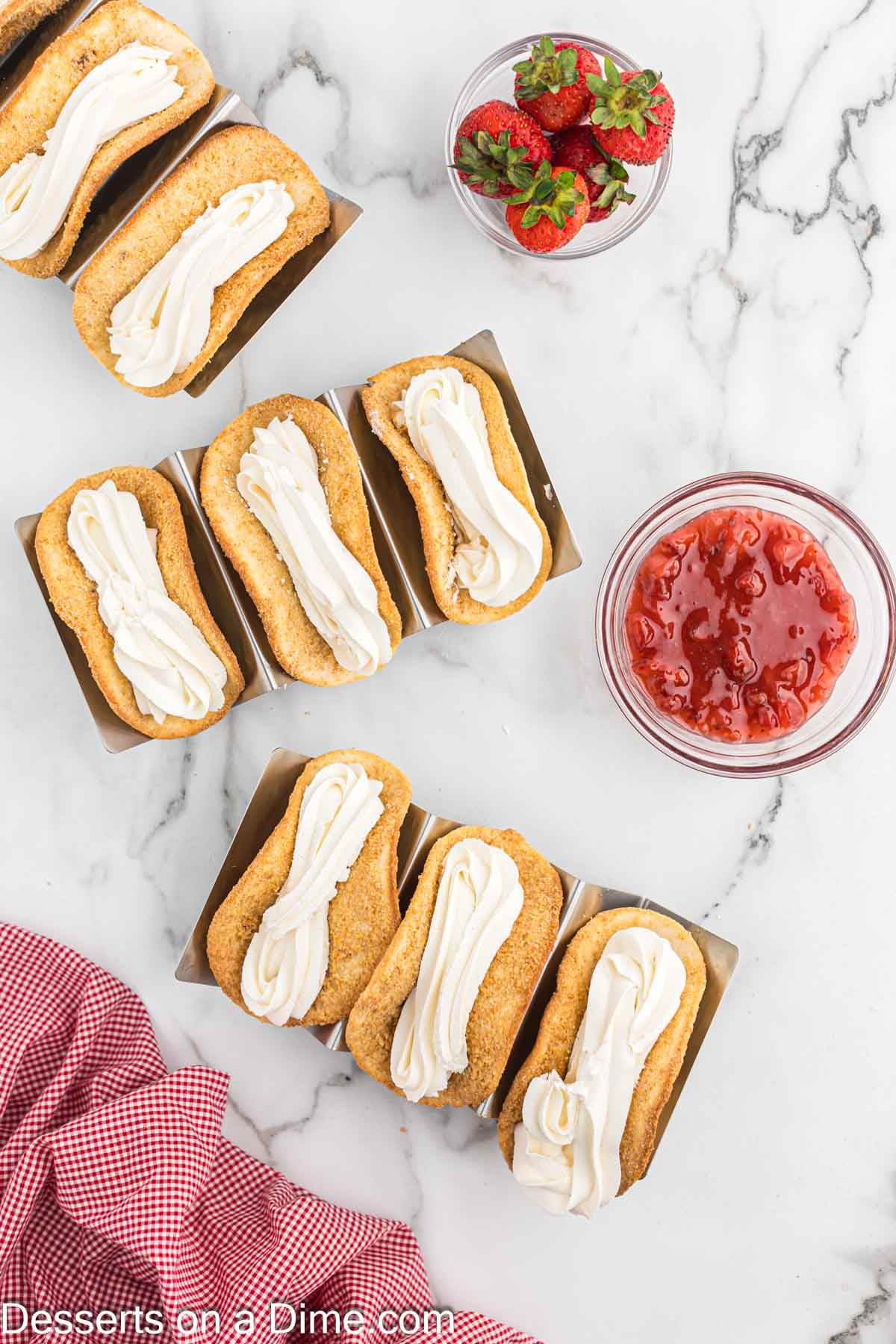 Cheesecake filling in taco shells. 