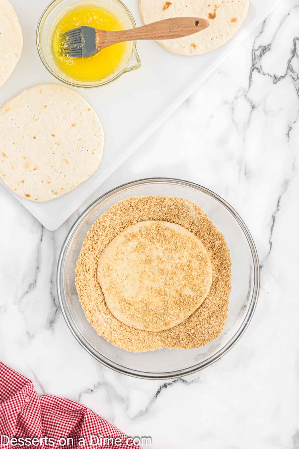 Tortilla shell dipped in coating. 