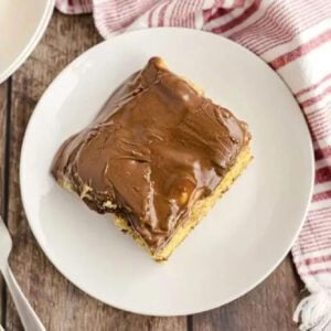 Boston eclair cake on a white plate.