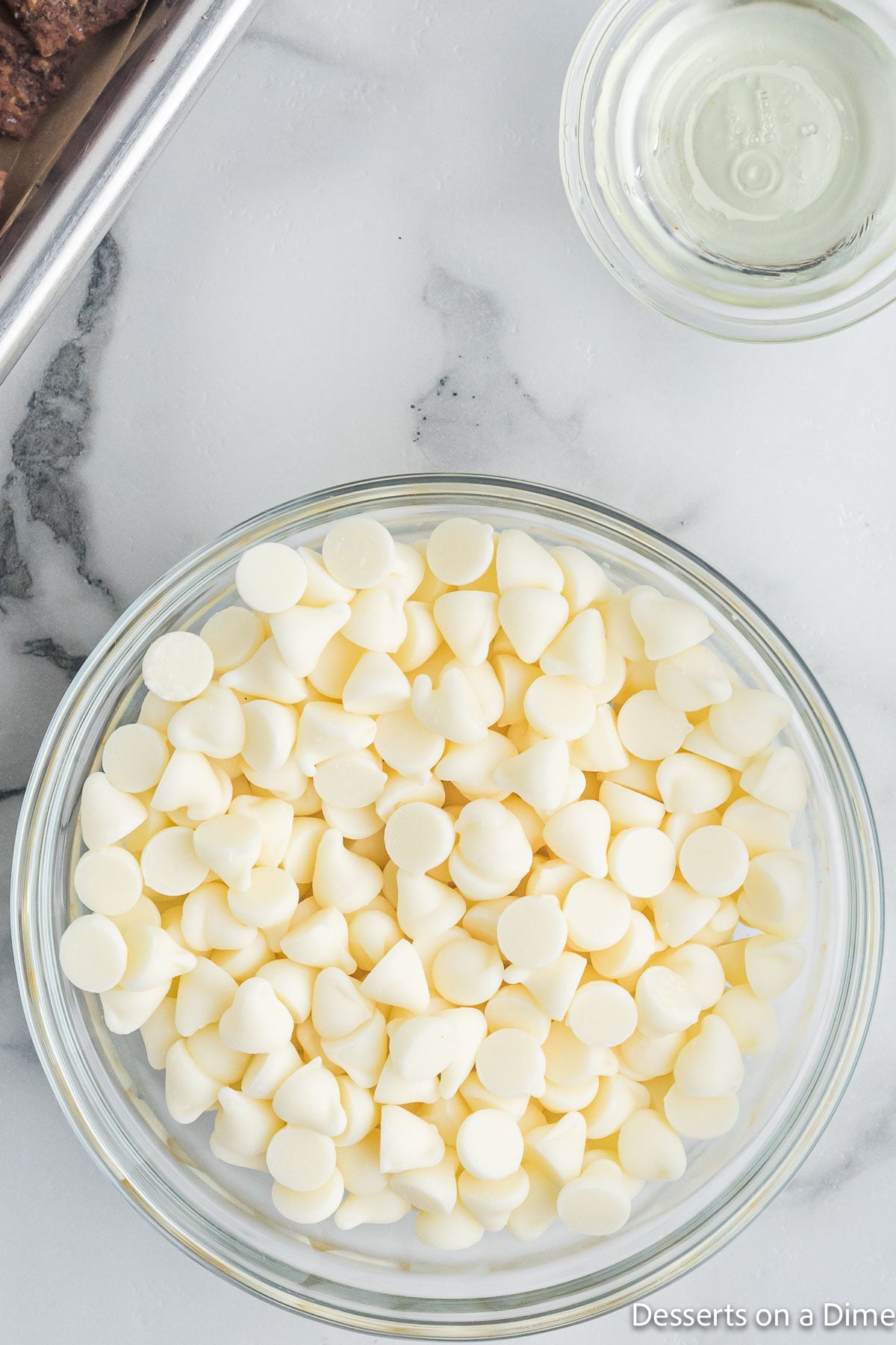 White chocolate chips in a bowl. 