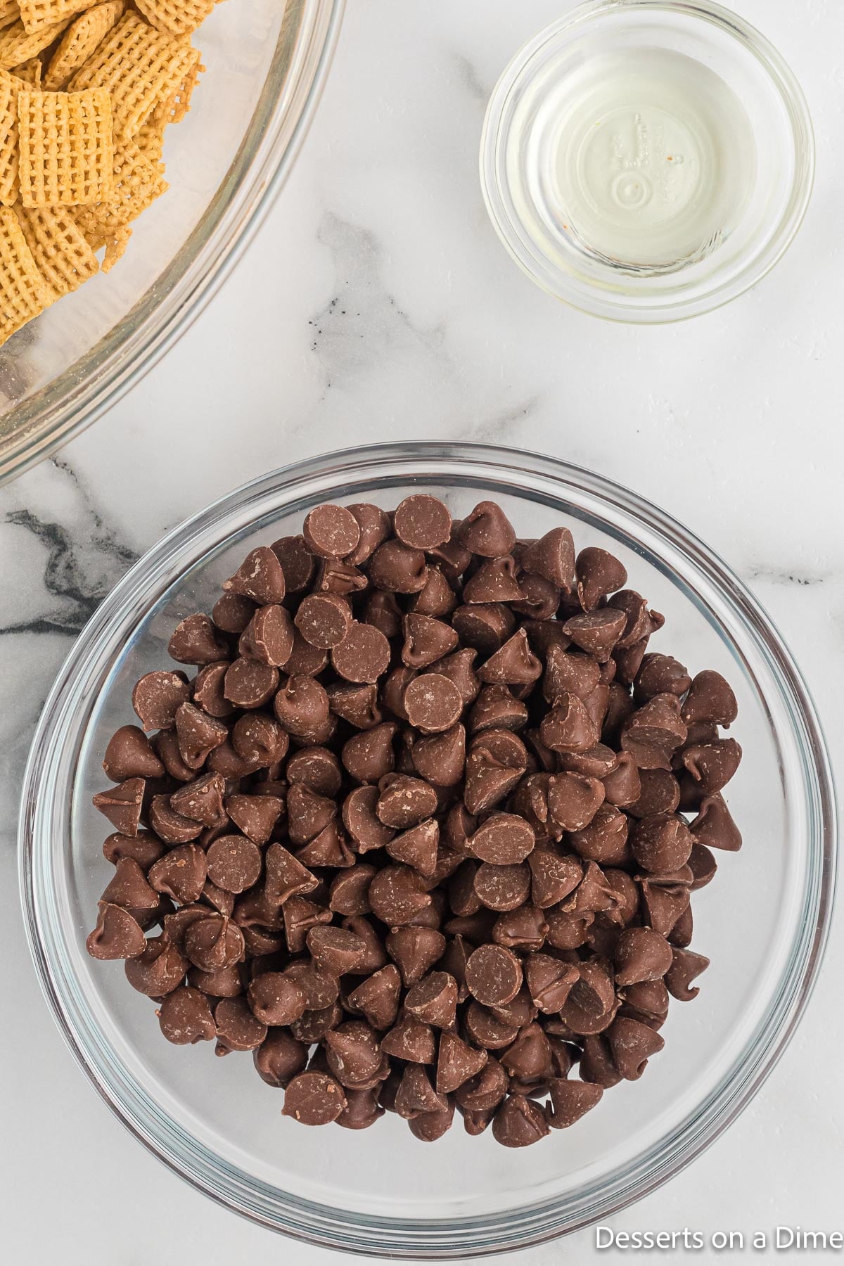 Milk chocolate chips in a bowl. 