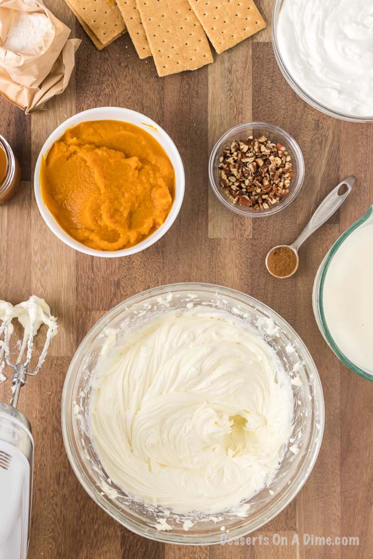 The cream cheese and sugar beaten together in a large mixing bowl.  