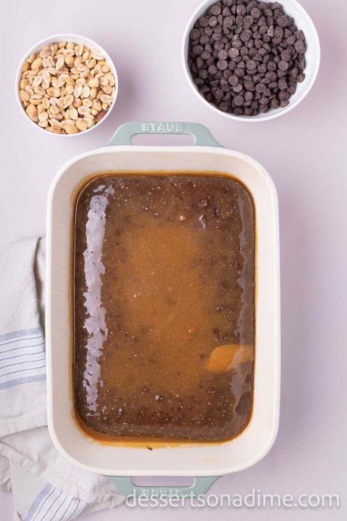 Baked cake with caramel on top.