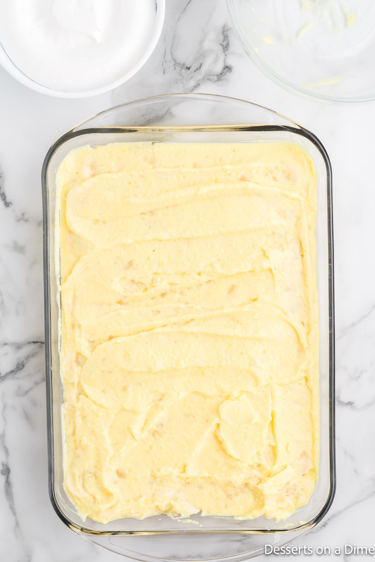 Pudding mixture on dish.