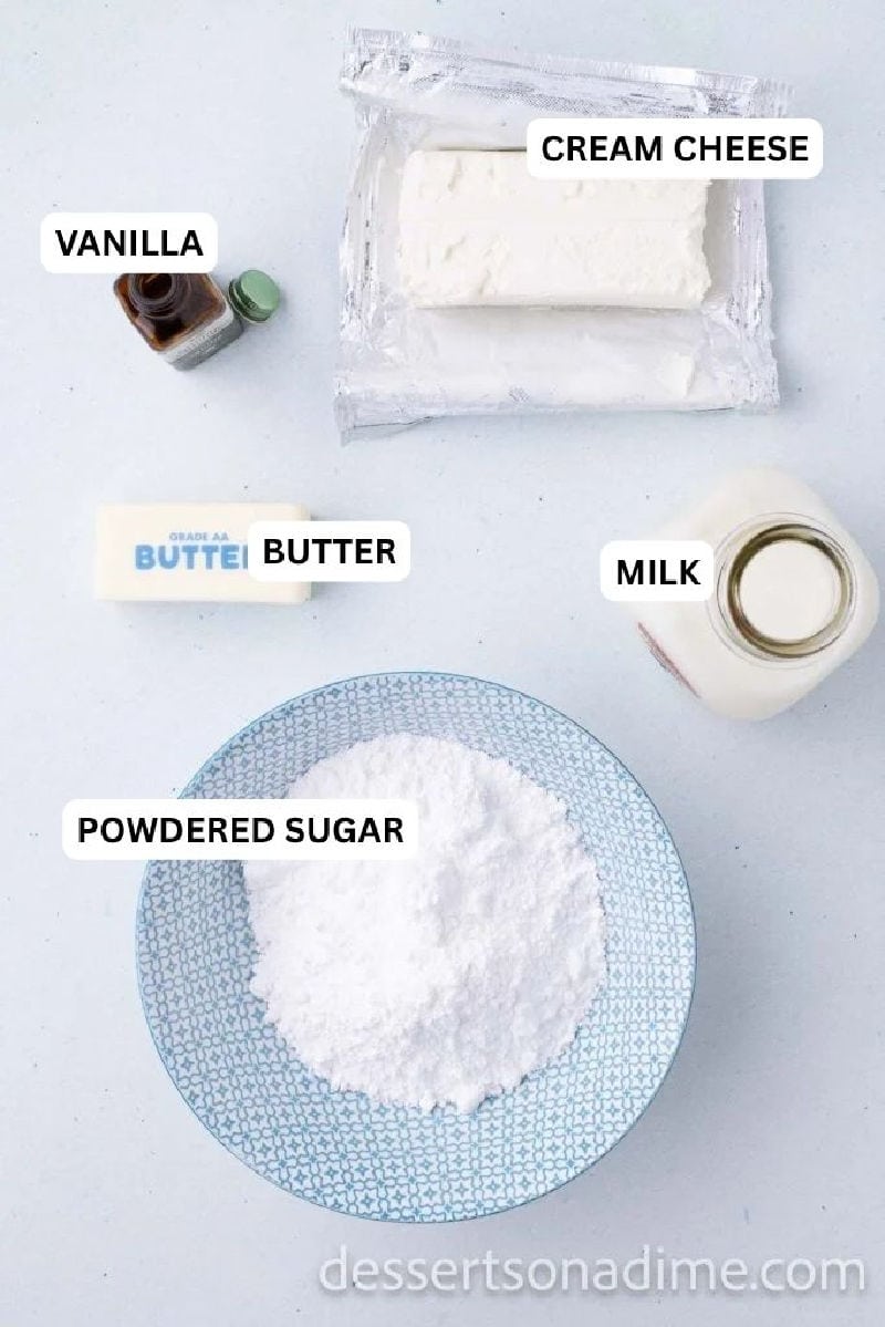 Ingredients for recipe: cream cheese, powdered sugar, butter, milk and vanilla. 