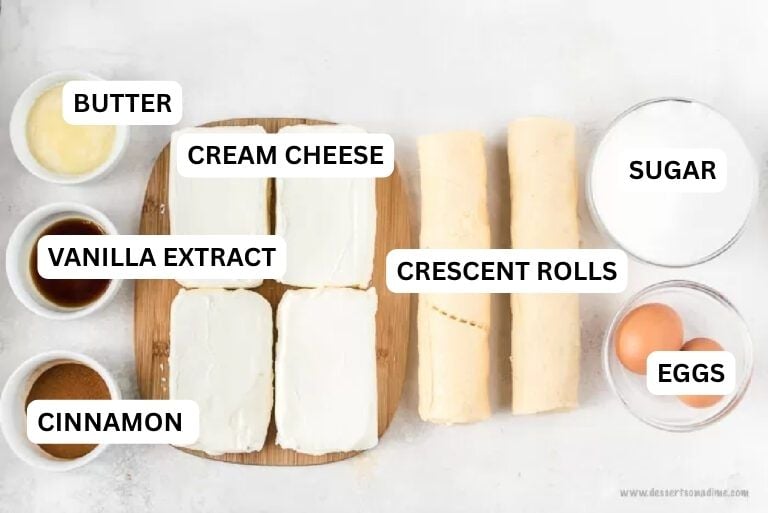 Ingredients needed for recipe: crescent rolls, cream cheese, vanilla, eggs, cinnamon, sugar, butter.