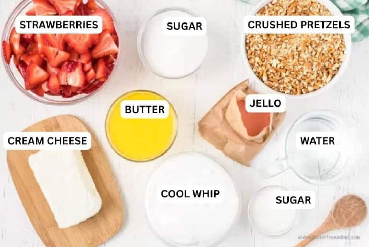 Strawberry pretzel dessert recipe is the perfect combination of salty and sweet. The creamy filling is so decadent and the strawberry topping is delicious. Ingredients for recipe: strawberries, sugar, crushed pretzels, cream cheese, butter, jello, cool whip and sugar.