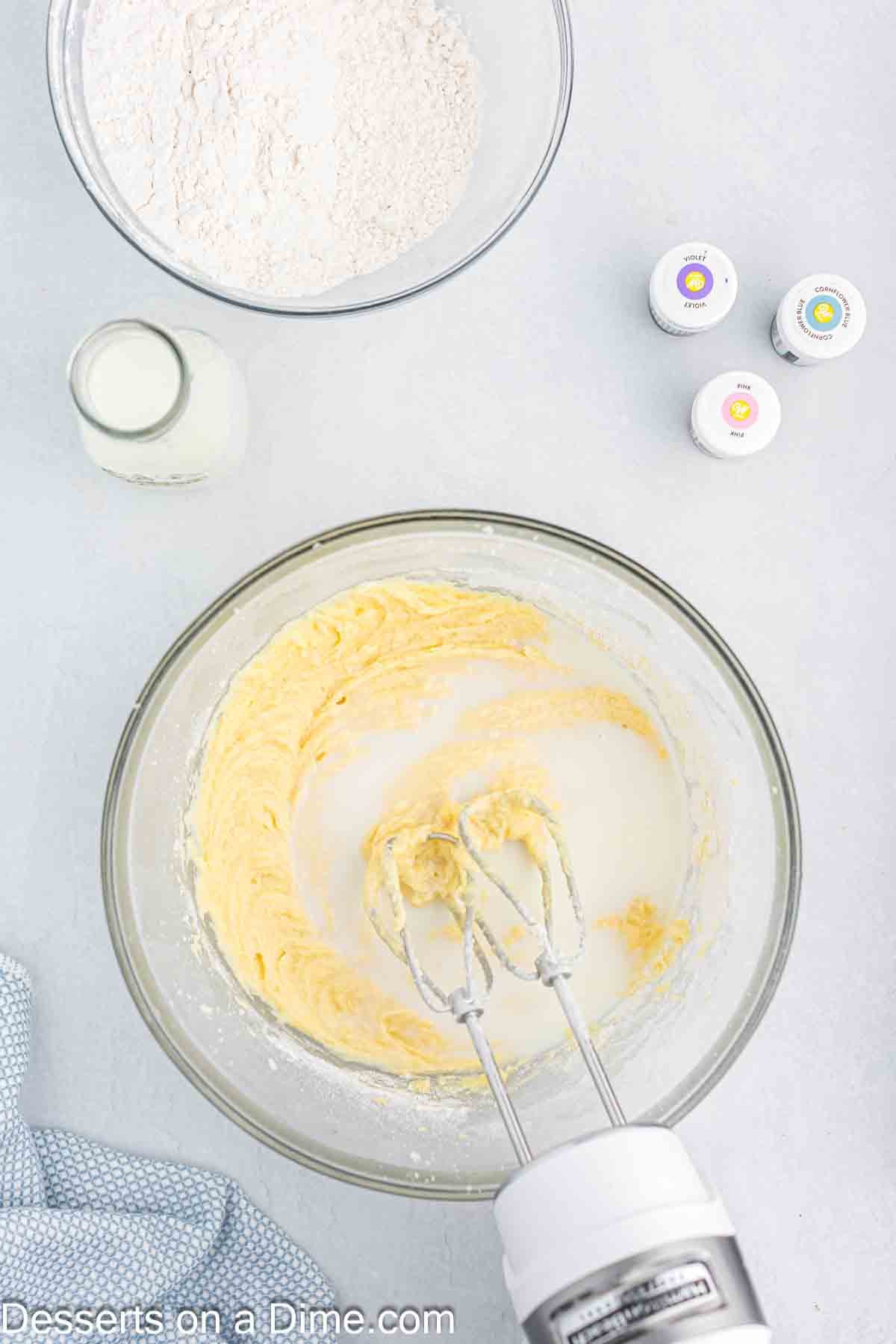 Flour mixture and sugar combined into the batter. 