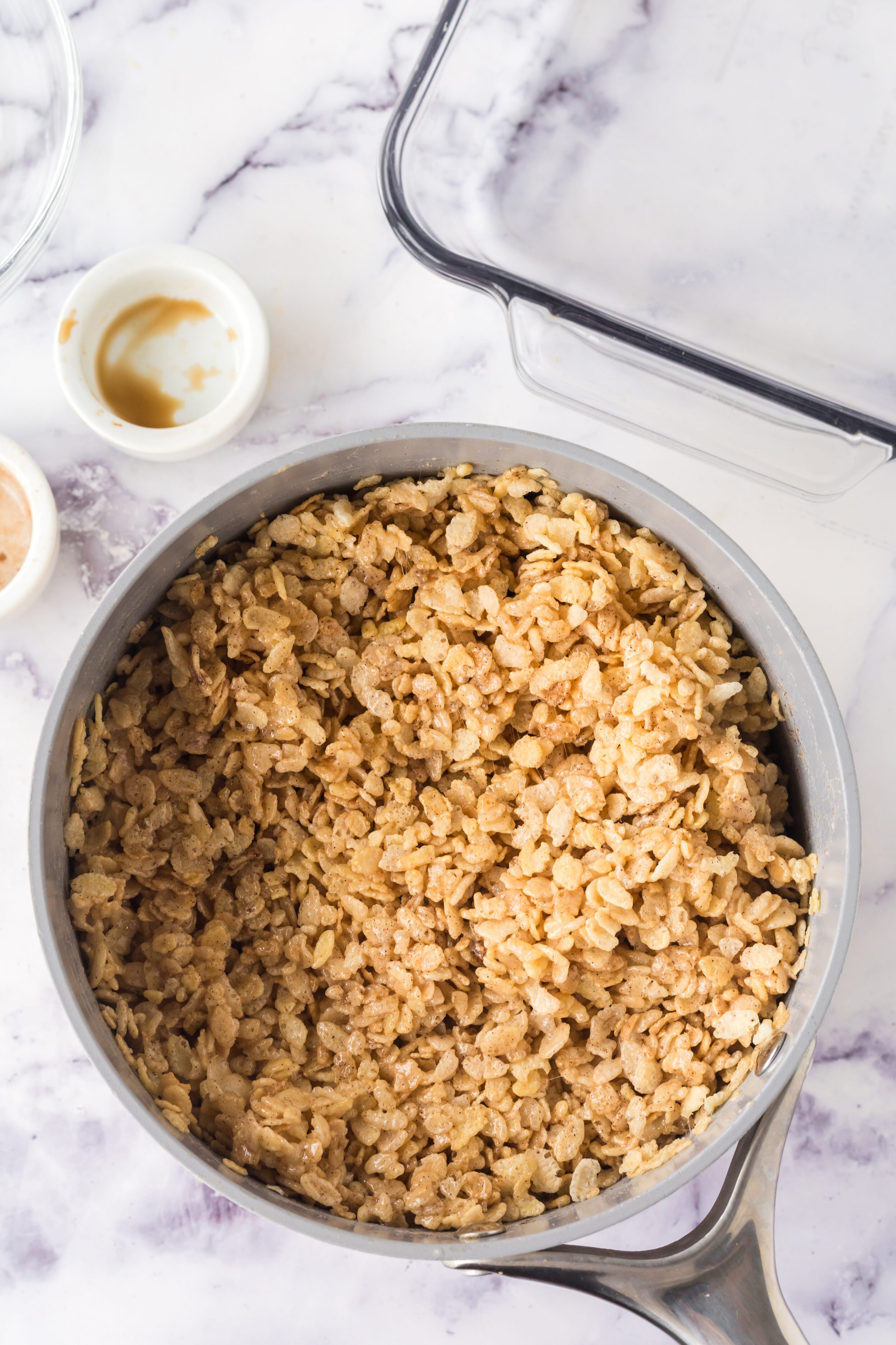 Mixture combined together in a pan. 