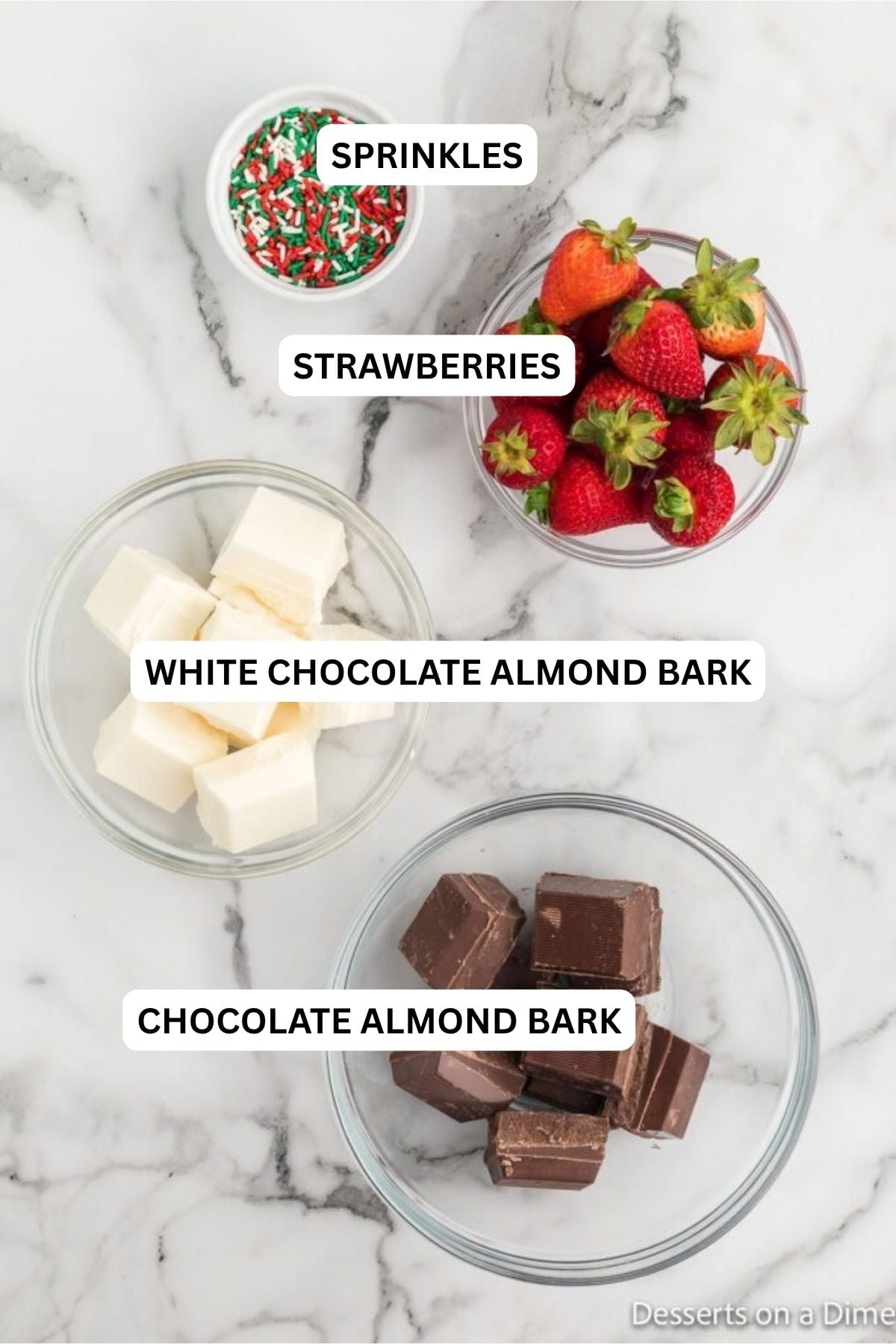 Ingredients for recipe: white chocolate almond Bark, chocolate almond bark, sprinkles and strawberries. 
