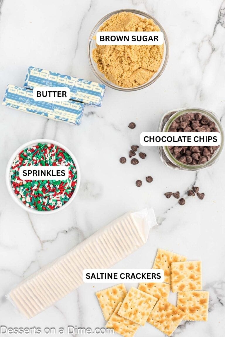 Ingredients for recipe: saltine crackers, butter, brown sugar, chocolate chips and sprinkles. 
