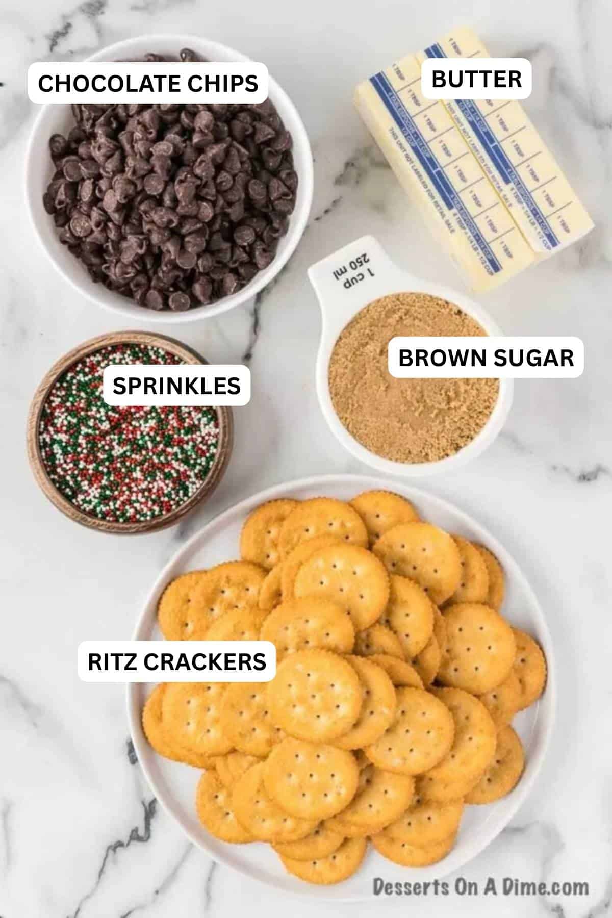 Ingredients for recipe: Ritz crackers, chocolate, butter, sprinkles, brown sugar. 