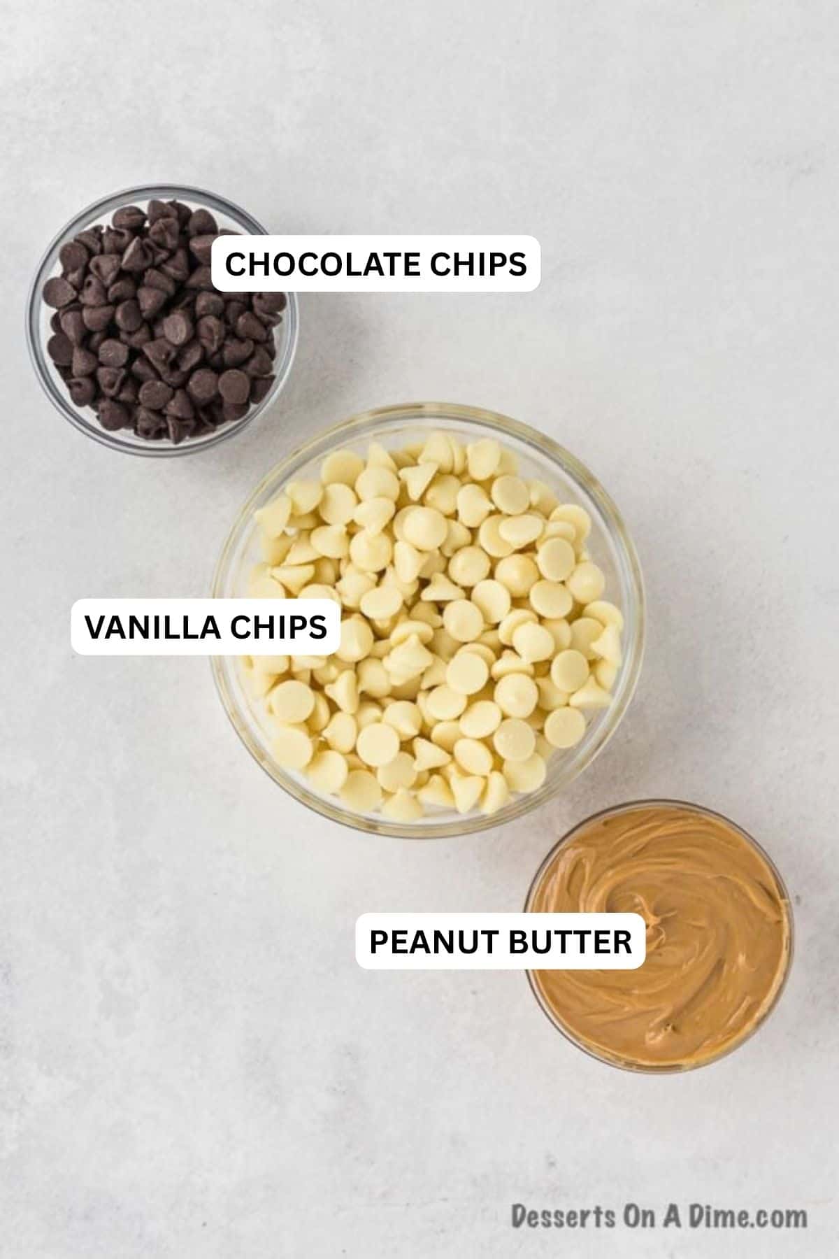 Ingredients for recipe: vanilla chips, creamy peanut butter and chocolate chips.
