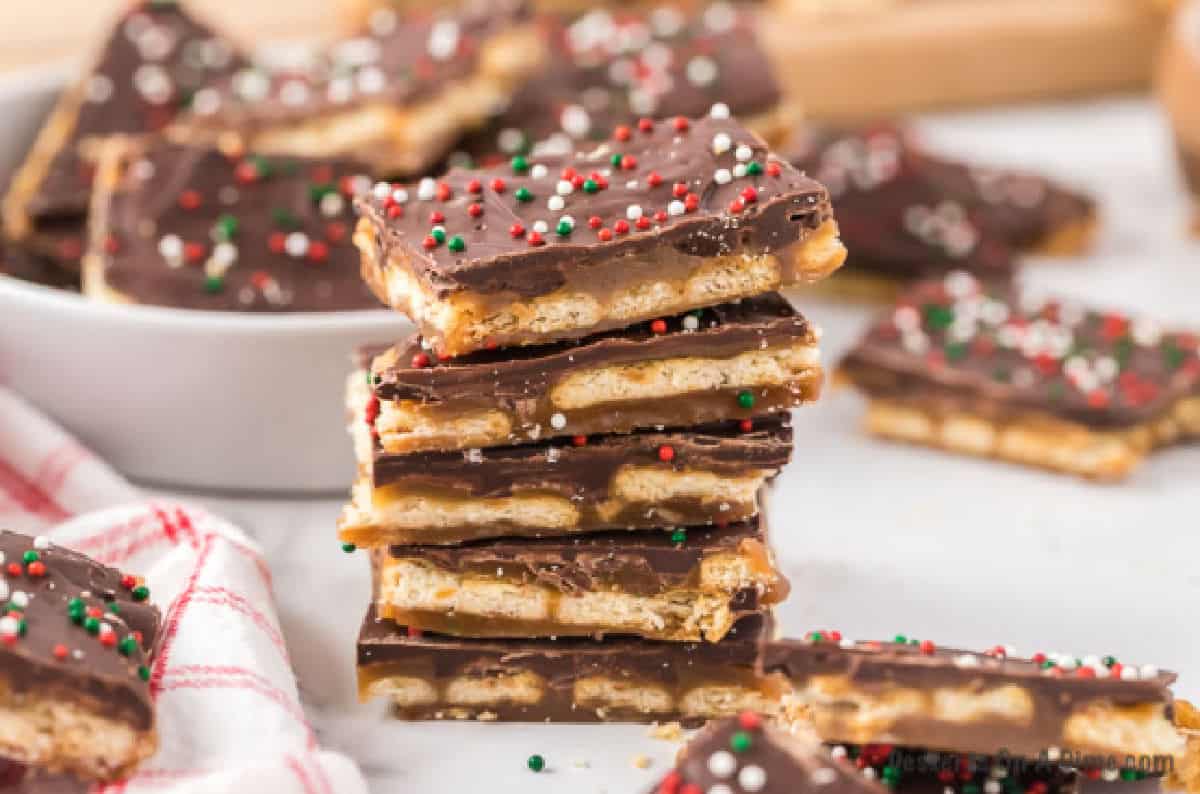 Ritz Cracker Toffee stacked together.