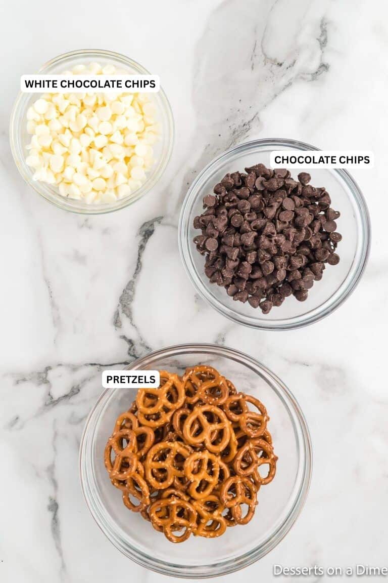 Ingredients for recipe: pretzels, chocolate chips and white chocolate chips. 