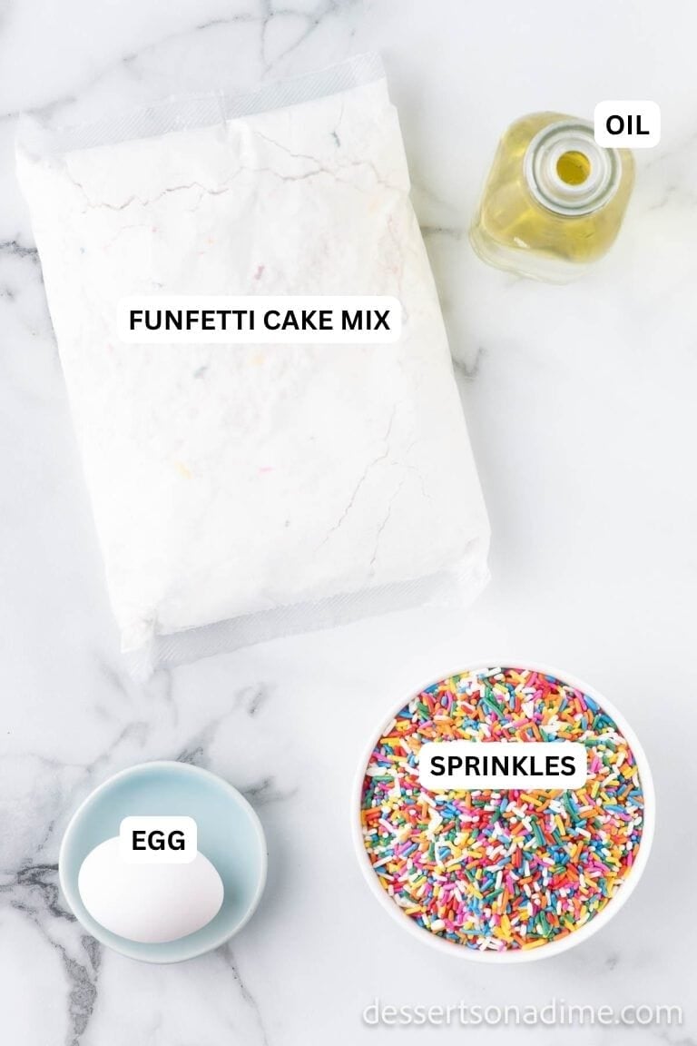 Funfetti Cake Mix Cookies take minutes to make and you only need 3 ingredients. These cookies are fun to make and are perfectly chewy. These easy cookies are one of my favorite recipes. Learn how to make Funfetti cake mix cookies here! #dessertsonadime #cakemixcookies #funfetti Ingredients for recipe: egg, sprinkles, cake mix and oil.