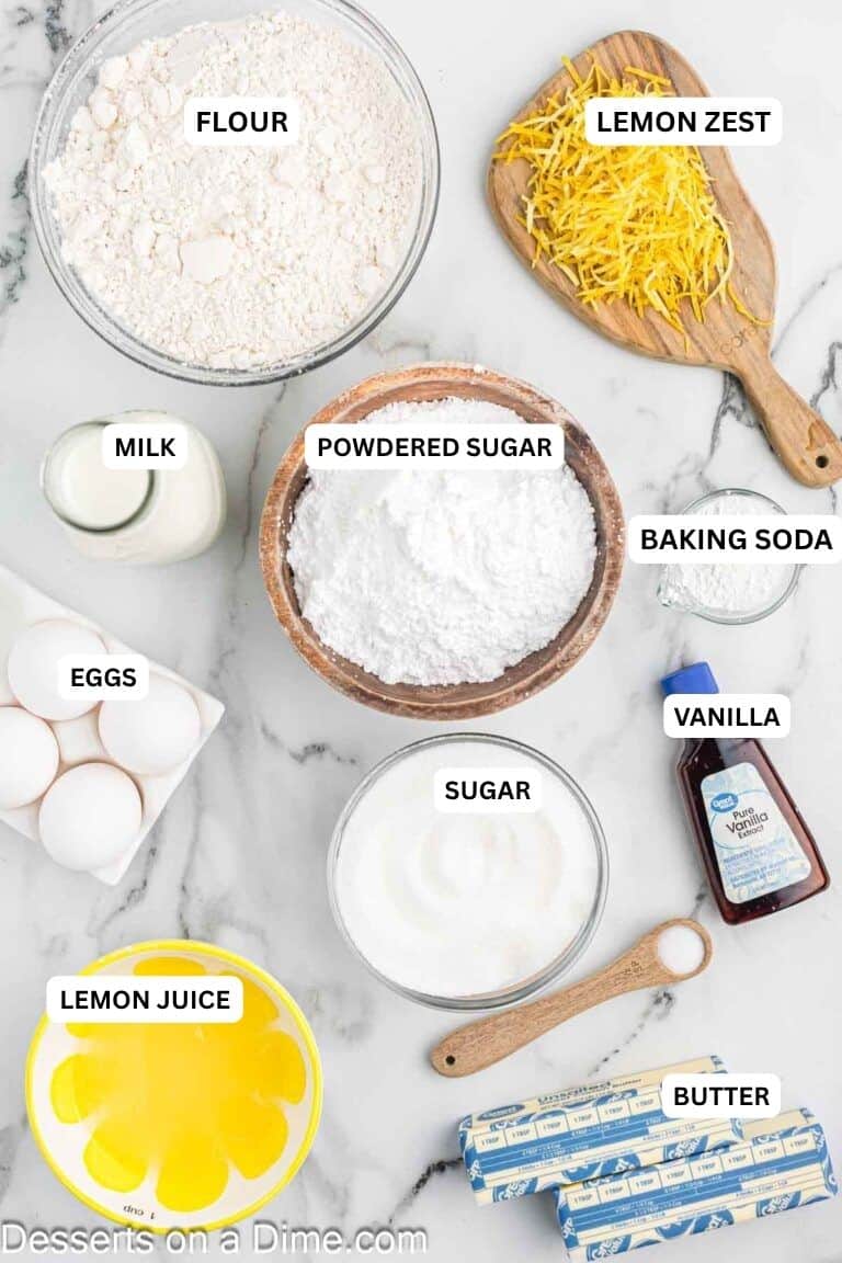 Ingrediens for recipe: lemon zest, flour, milk, powdered sugar, baking soda, eggs, sugar, vanilla, lemon juice, butter.