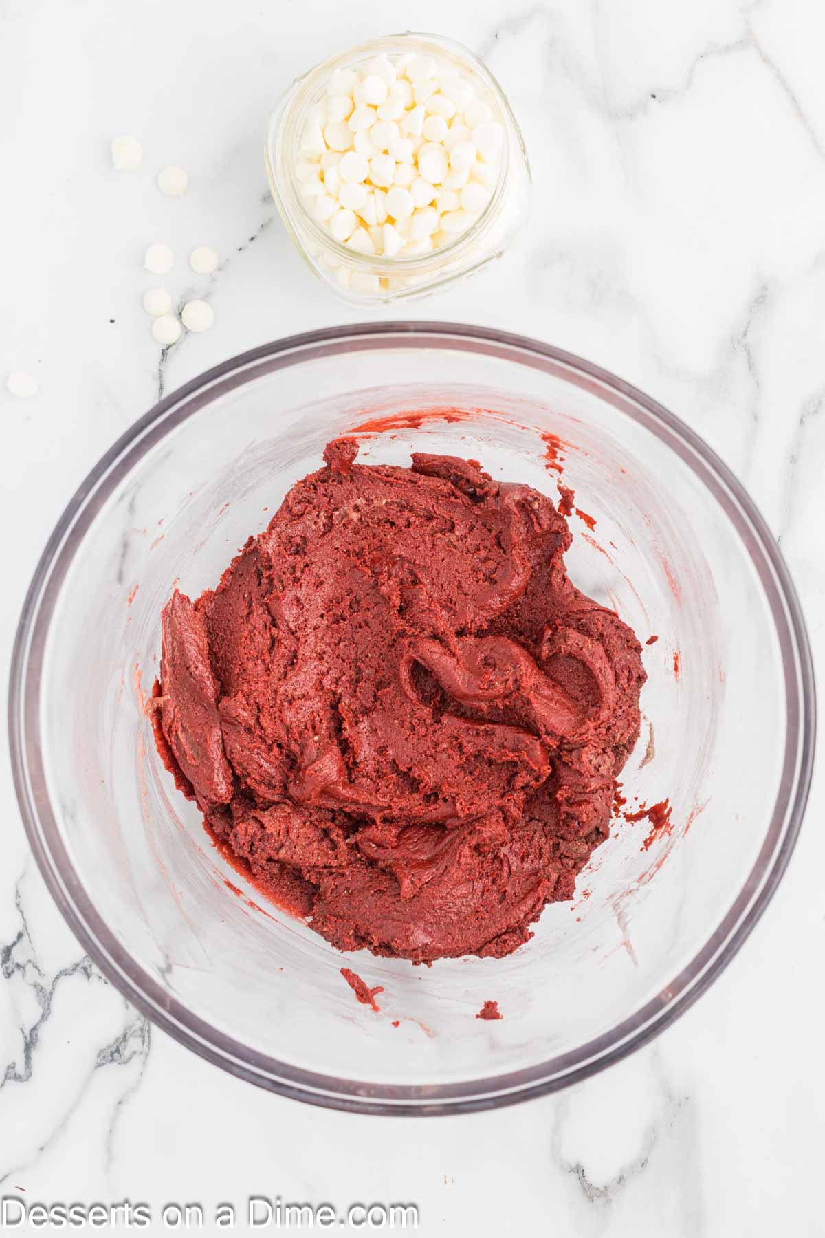 Red Velvet batter in a bowl combined. 