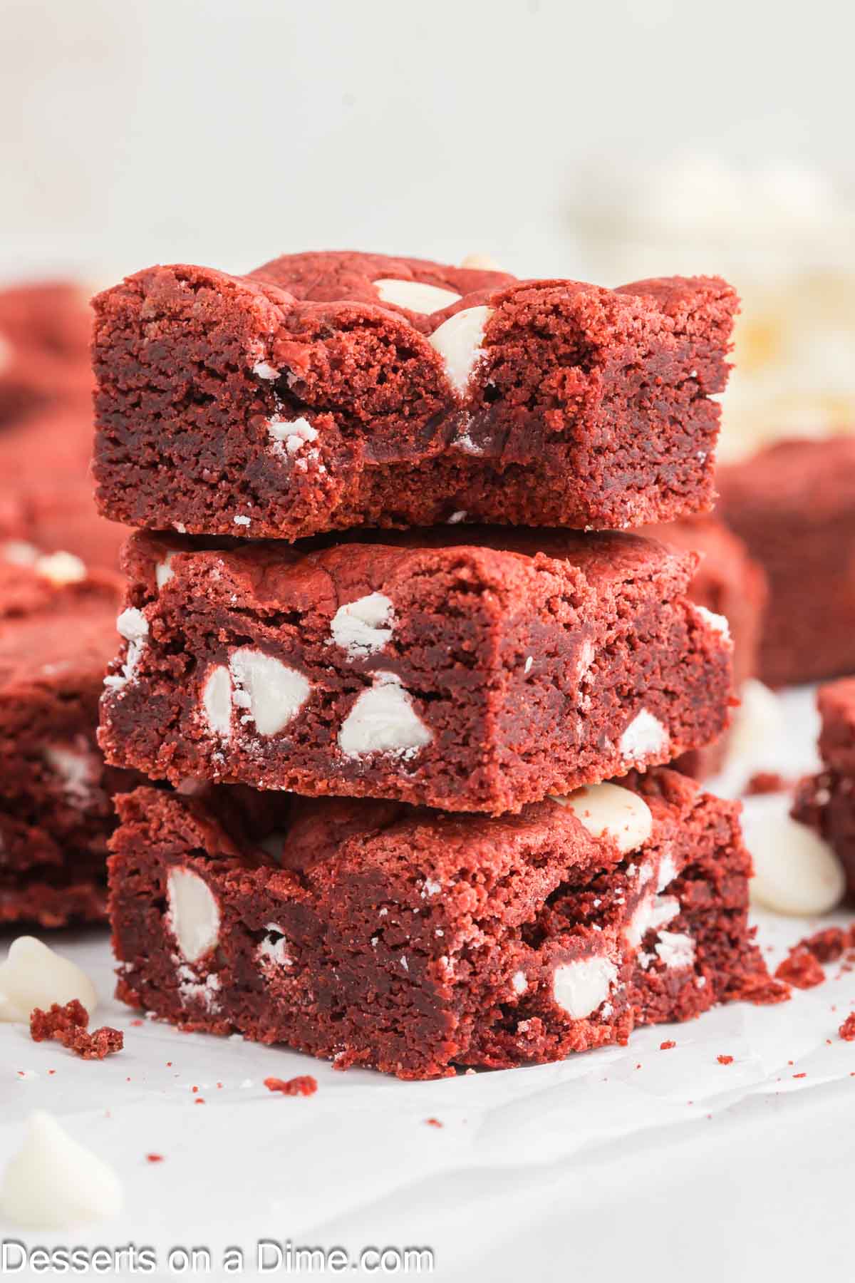 Red Velvet Brownies cut and stacked together. 