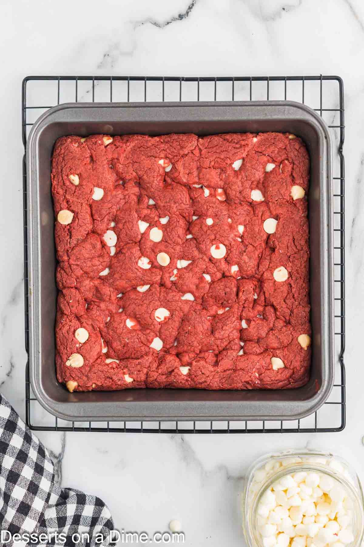 Red Velvet Brownies baked and cooling in pan. 