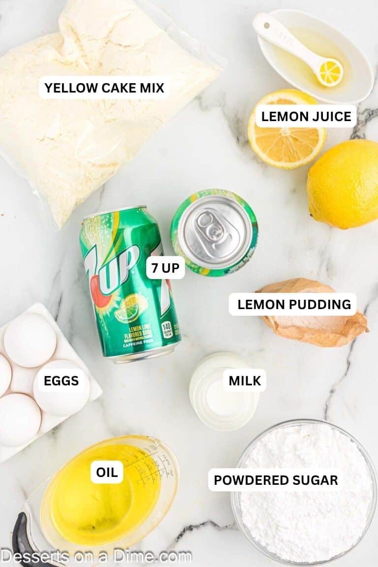 Ingredients for recipe: yellow cake mix, lemon juice, 7 up, lemon pudding, eggs, milk, oil and powdered sugar. 