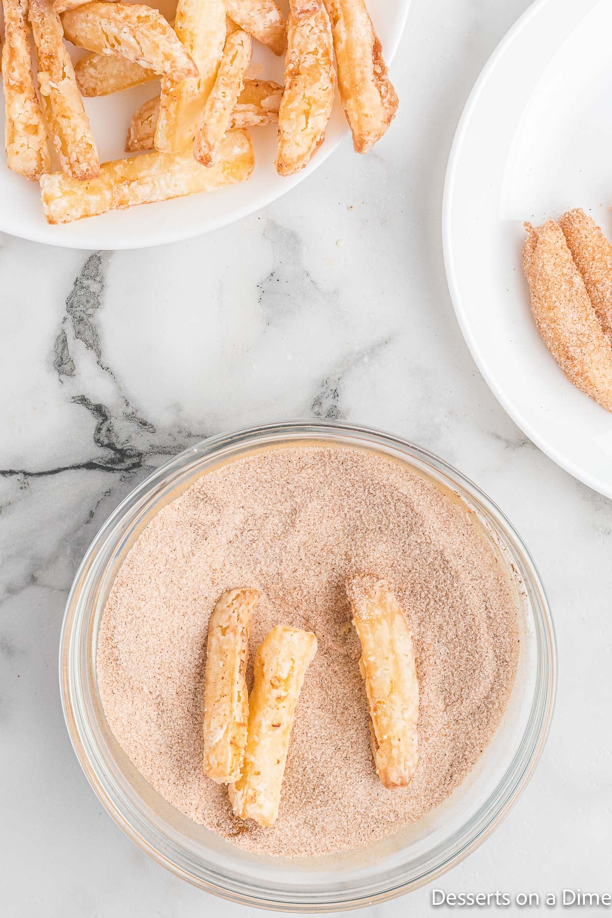 Apple fries dipped in cinnamon and sugar. 