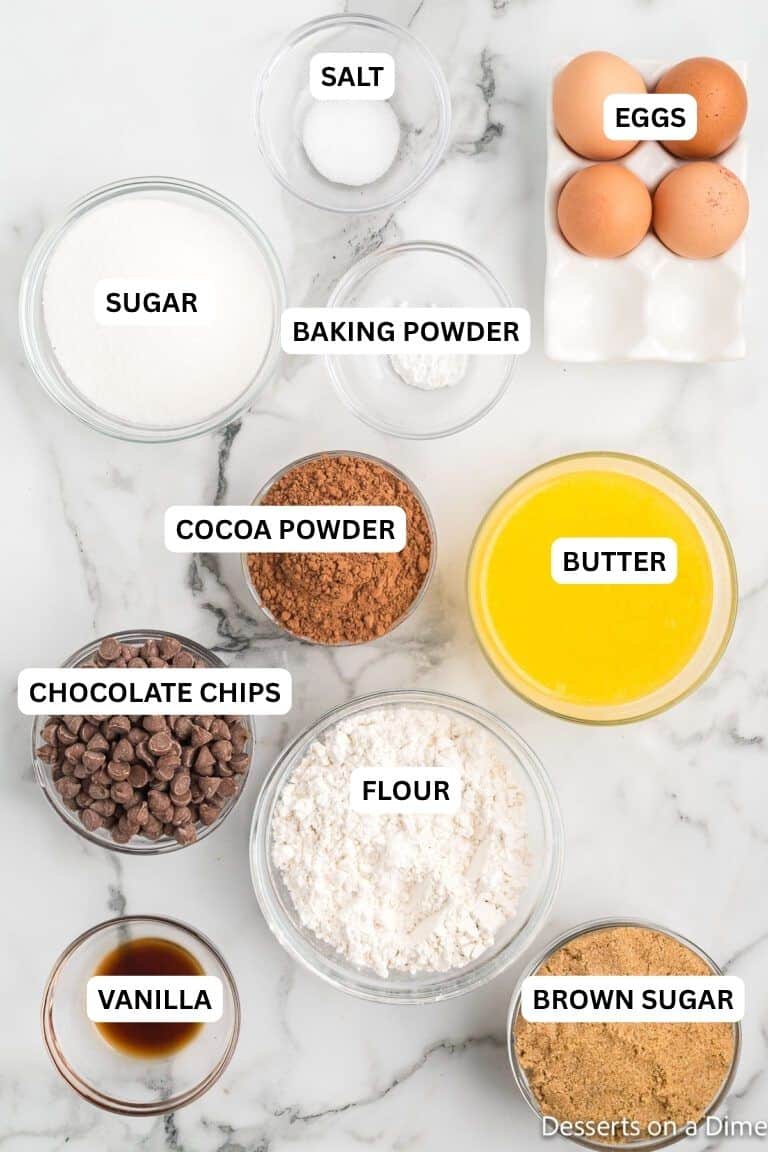 Ingredients for recipe: cocoa powder, butter, chocolate chips, flour, vanilla, brown sugar, sugar, baking powder, salt and eggs. 