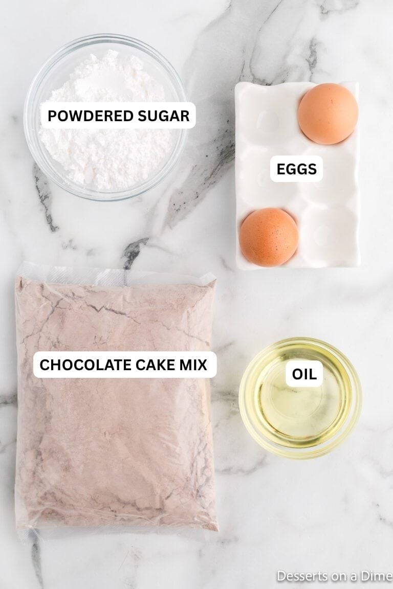 Ingredients for recipe: powdered sugar, eggs, chocolate cake mix and oil. 