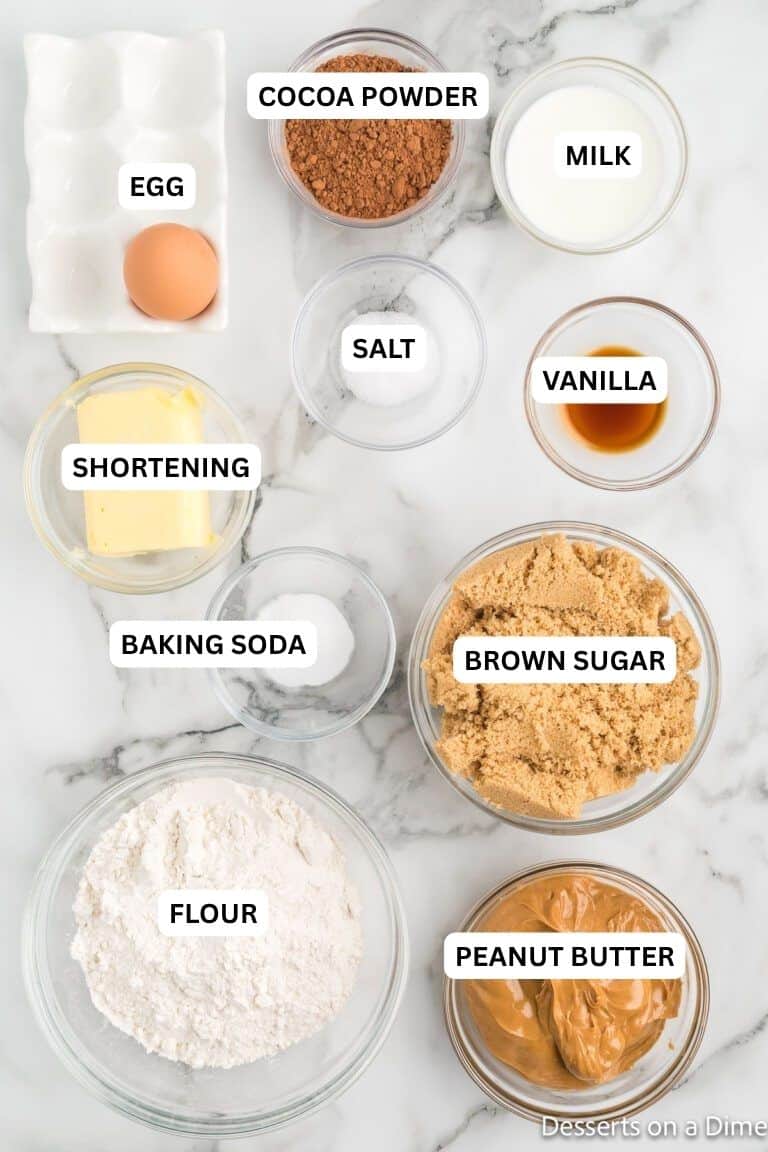Ingredients for recipe: peanut butter, flour, brown sugar, baking soda, shortening, vanilla, salt, egg, milk and cocoa powder. 