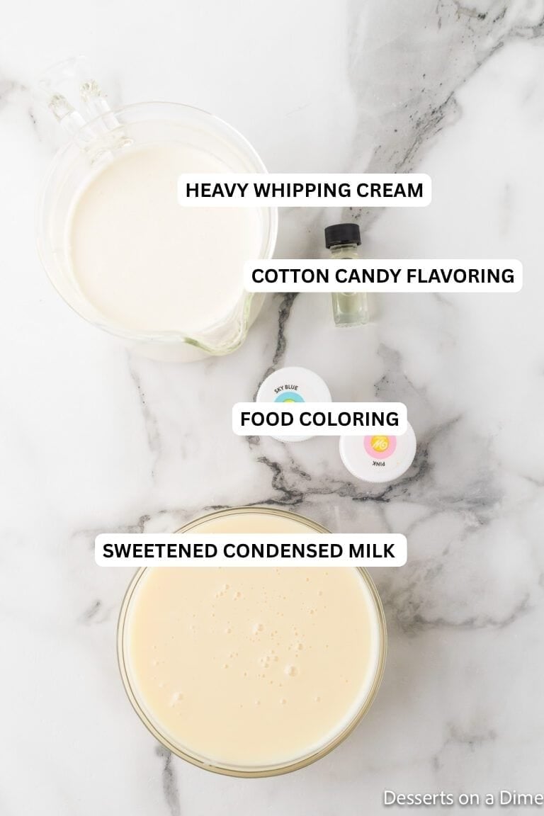 Ingredients for recipe: heavy whipping cream, cotton candy flavoring, food coloring and sweetened condensed milk. 