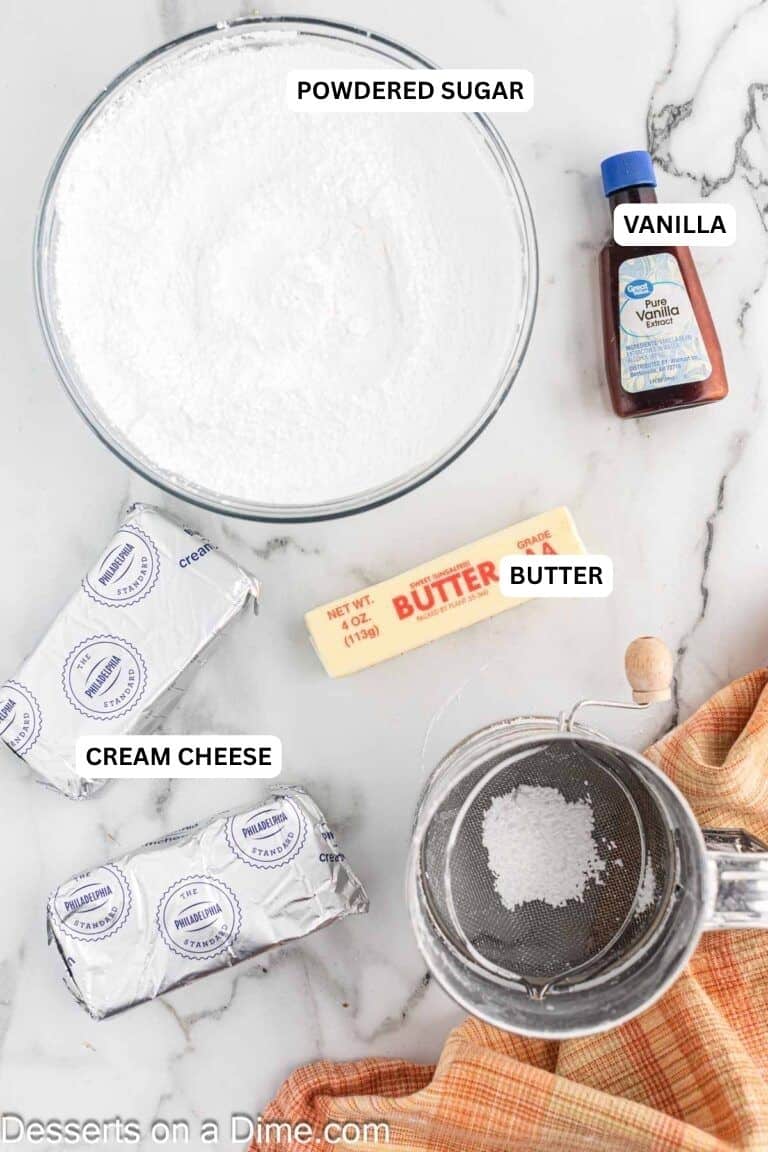 Ingredients for recipe: cream cheese, butter, vanilla and powdered sugar. 