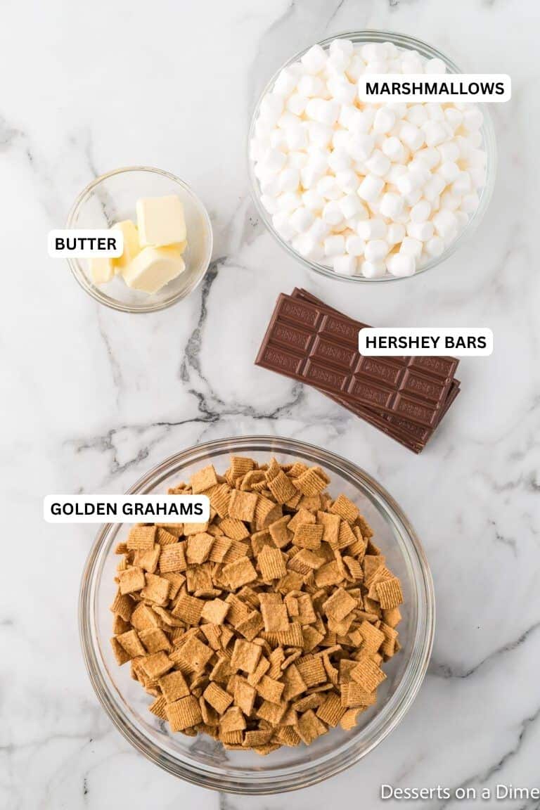 Ingredients for recipe: marshmallows, butter, Hershey bars and cereal. 
