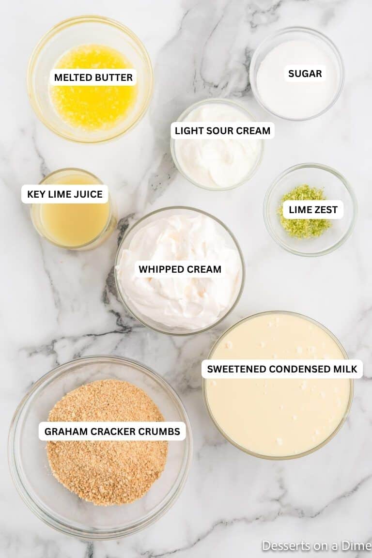 Ingredients for recipe: lime zest, butter, whipped cream, sweetened condensed milk and graham cracker crumbs. 