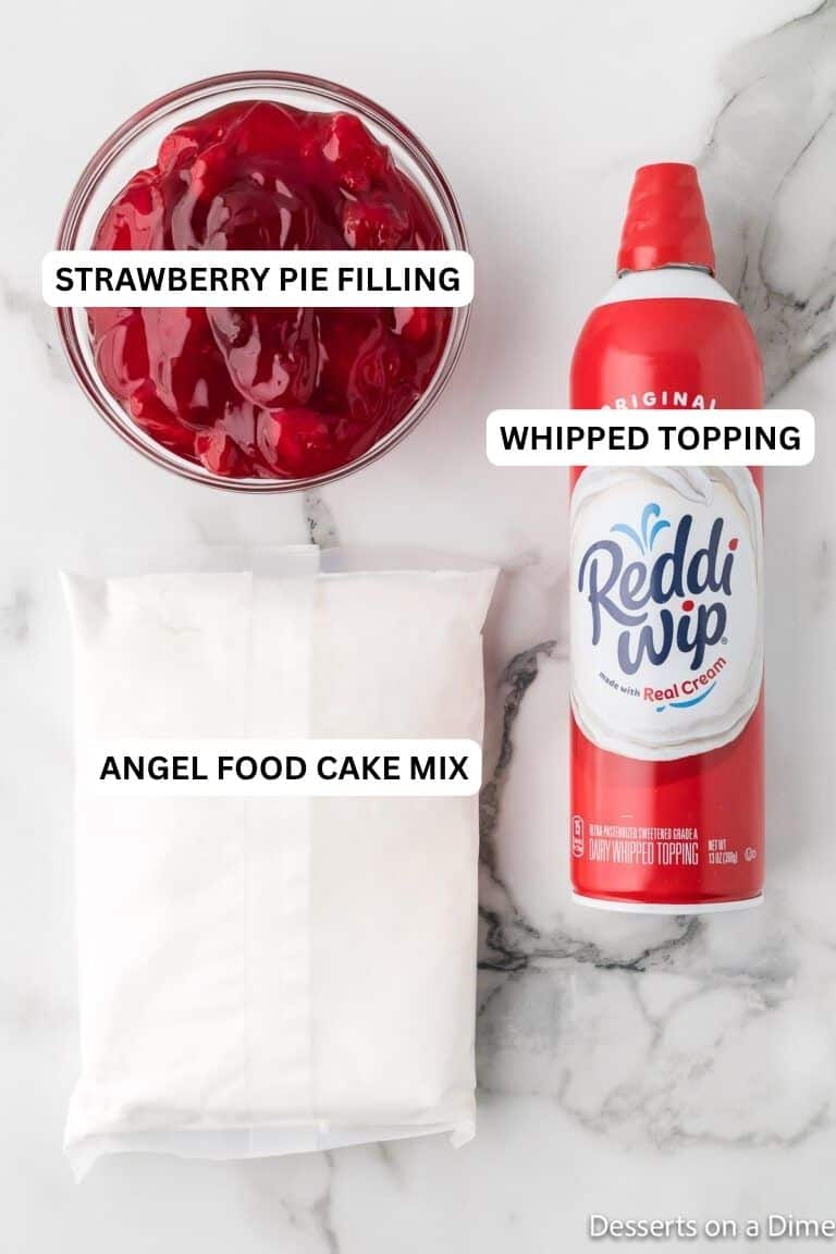 Ingredients for recipe: strawberry pie filling, whipped topping and angel food cake mix. 